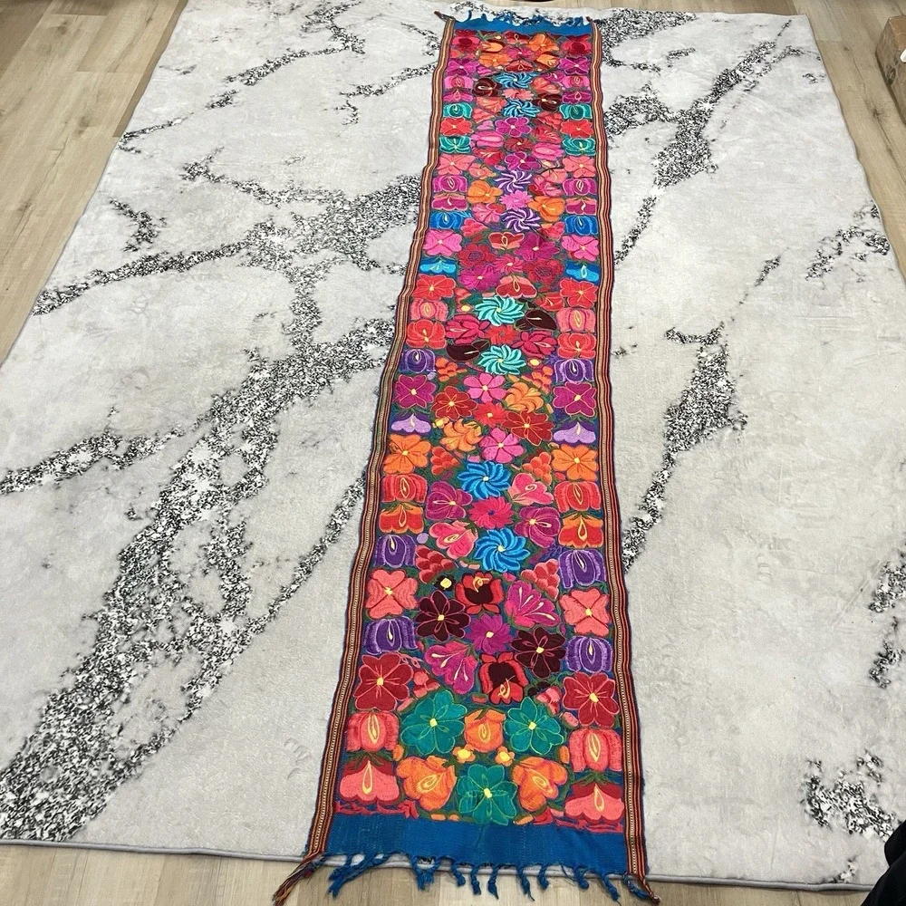 Vintage Embroidered Floral Table Runner Boho Guatemalan Style Textile 92 x 17